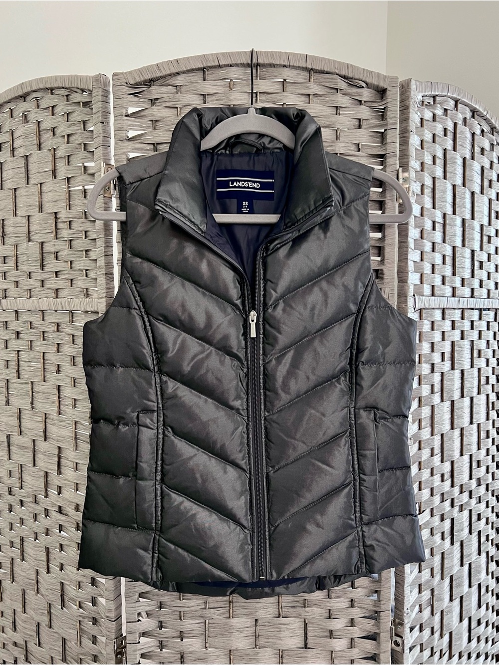 Lands' End Charcoal Gray Quilted Puffer Vest with Stand Collar